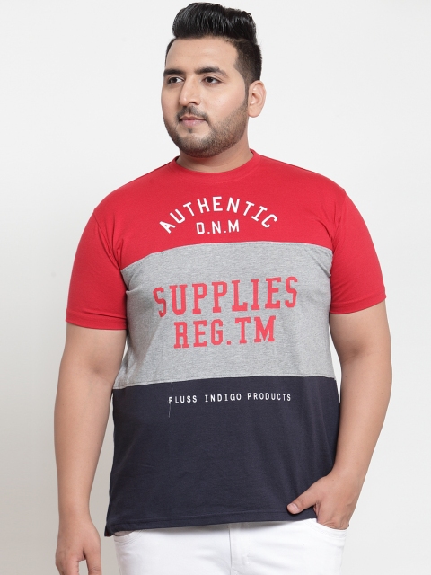 

plusS Men Red & Navy Blue Printed Round Neck T-shirt