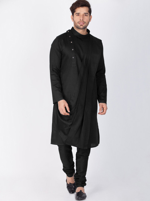 

VASTRAMAY Men Black Solid Layered Kurta with Churidar