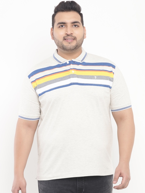 

John Pride Plus Size Men Cream-Coloured Striped Stretchable Polo Collar T-shirt
