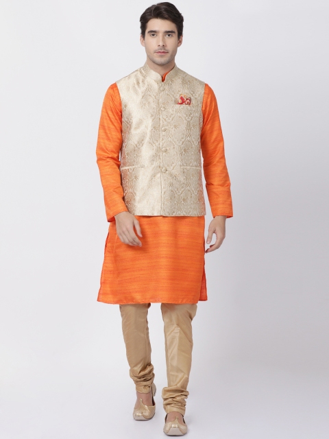 

VASTRAMAY Men Orange & Beige Self Design Kurta with Churidar