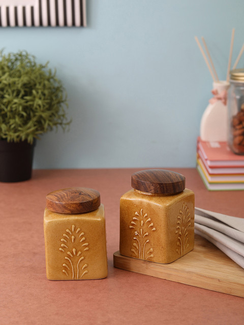 

VarEesha Set of 2 Mustard Yellow & Brown Hand-Painted Jars With Lid