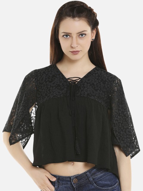 

109F Women Black Self Design High-Low Top