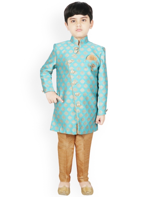 

SG YUVRAJ Boys Turquoise Blue & Brown Silk Woven Design Sherwani Set