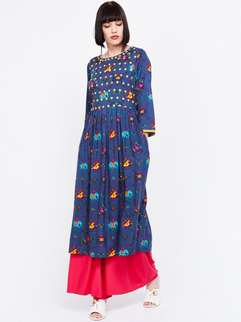 

Melange by Lifestyle Women Blue & Yellow Printed A-Line Kurta