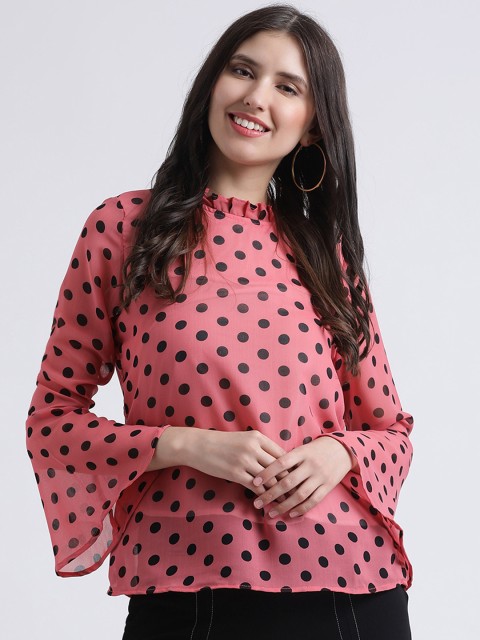 

AkaAyu Women Pink & Black Floral Polka Dot Printed Bell SleevesTop