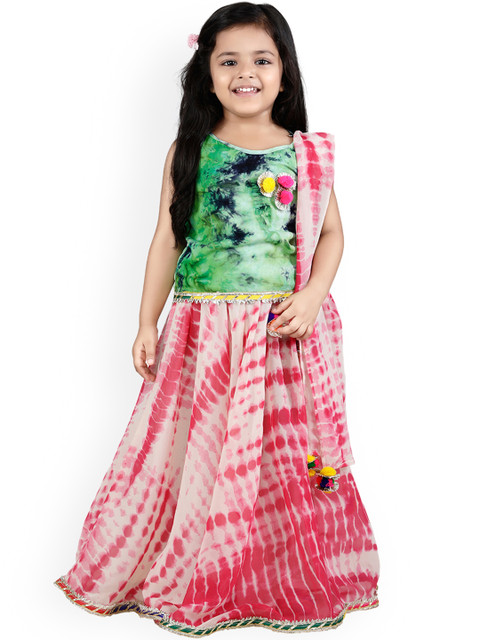

LilPicks Girls Green & Pink Printed Ready to Wear Lehenga & Blouse with Dupatta