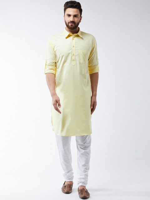 

SOJANYA Men Yellow & White Solid Pathani Kurta with Churidar