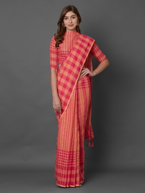 

Mitera Pink & Peach-Coloured Linen Blend Checked Saree