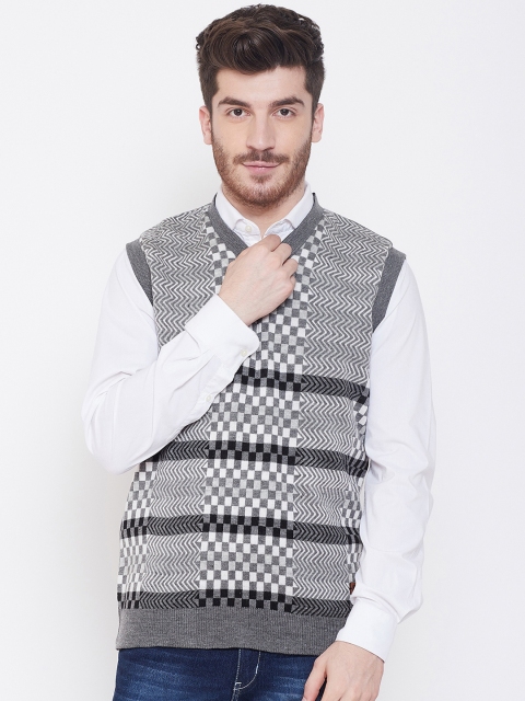 

Duke Men Grey & White Checked Sweater Vest