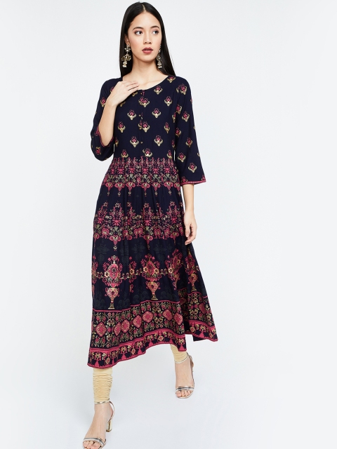

Melange by Lifestyle Women Navy Blue & Pink Printed Anarkali Kurta