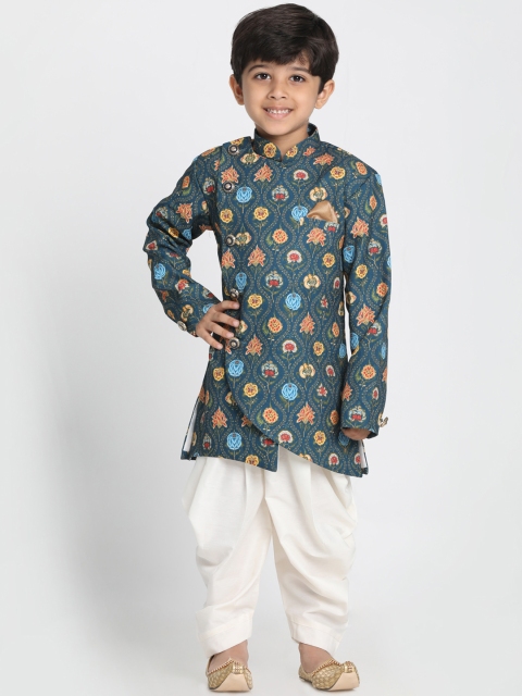 

VASTRAMAY Boys Teal Blue & Off-White Printed Sherwani With Dhoti Pants