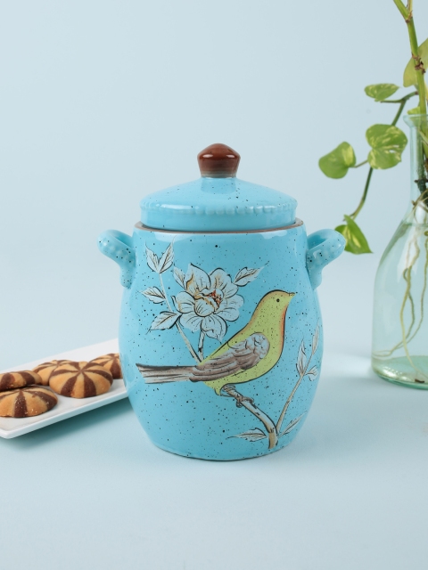 

Chumbak Blue Hand-Painted Flora Bird Storage Jar