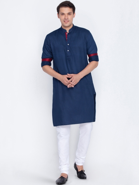 

VASTRAMAY Men Navy Blue Printed Kurta with White Solid Churidar