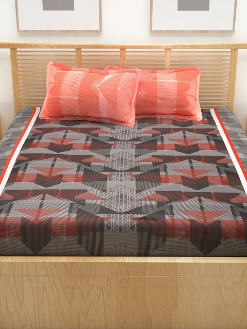 

Story@home Grey & Orange Geometric 186 TC King Bedsheet with 2 Pillow Covers