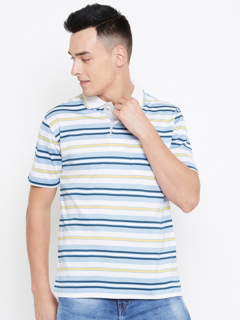 

Duke Men White & Blue Striped Polo Collar T-shirt