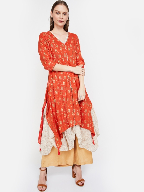 

Melange by Lifestyle Women Orange & Off-White Printed Layered A-Line Kurta