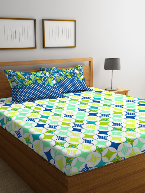 

Portico New York Green & Blue Geometric 144 TC Cotton 1 Queen Bedsheet with 2 Pillow Covers
