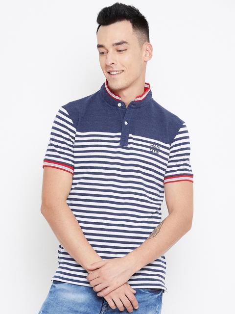 

Duke Men White Striped Mandarin Collar T-shirt