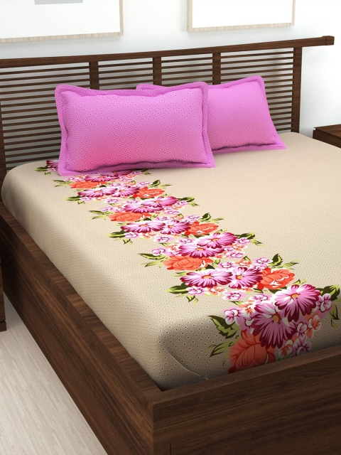 

Story@home Cream & Pink Floral 186 TC King Bedsheet with 2 Pillow Covers