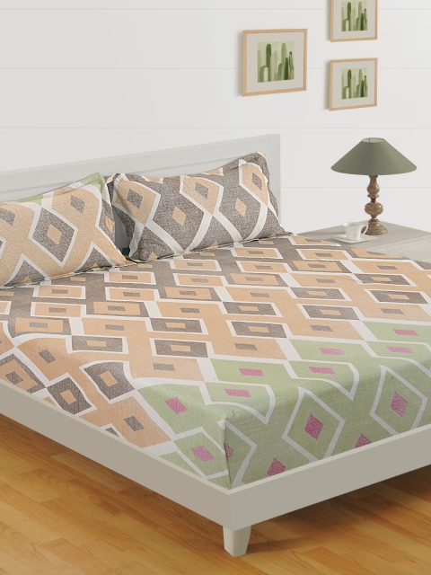 

SWAYAM Coffee Brown & Green Geometric 160 TC Cotton 1 King Bedsheet with 2 Pillow Covers