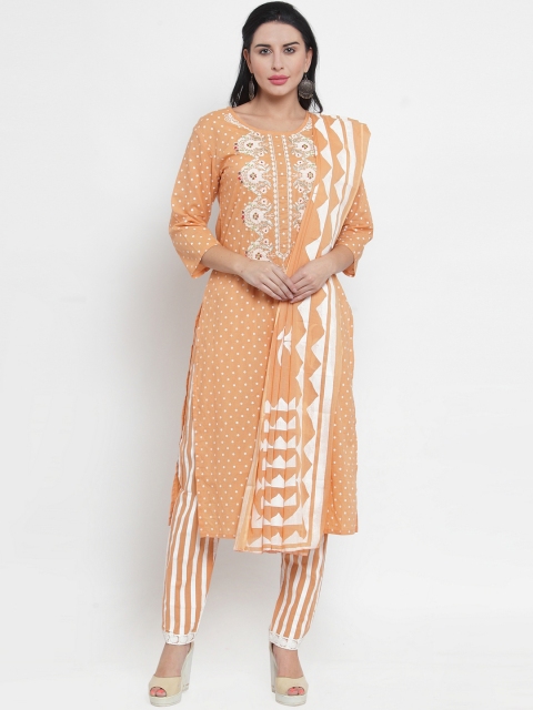 

WESTCLO Women Orange & White Printed Kurta with Trousers & Dupatta