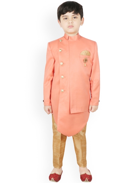 

SG YUVRAJ Boys Orange & Brown Silk Woven Design Sherwani Set