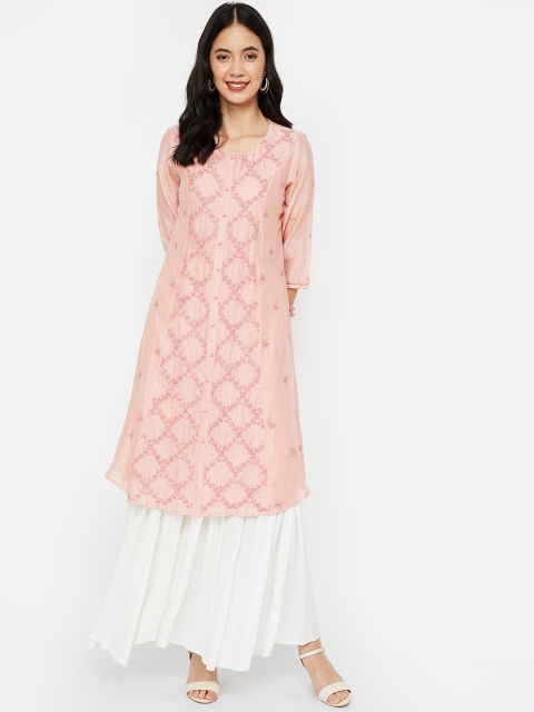 

Melange by Lifestyle Women Pink Chanderi Cotton Embroidered A-Line Kurta
