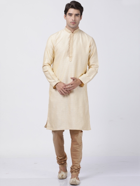 

VASTRAMAY Men Cream-Coloured & Brown Self Design Kurta with Churidar