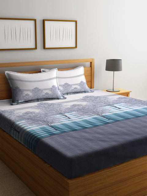 

Cortina Grey & Blue Ethnic Motifs 200 TC Cotton 1 Queen Bedsheet with 2 Pillow Covers