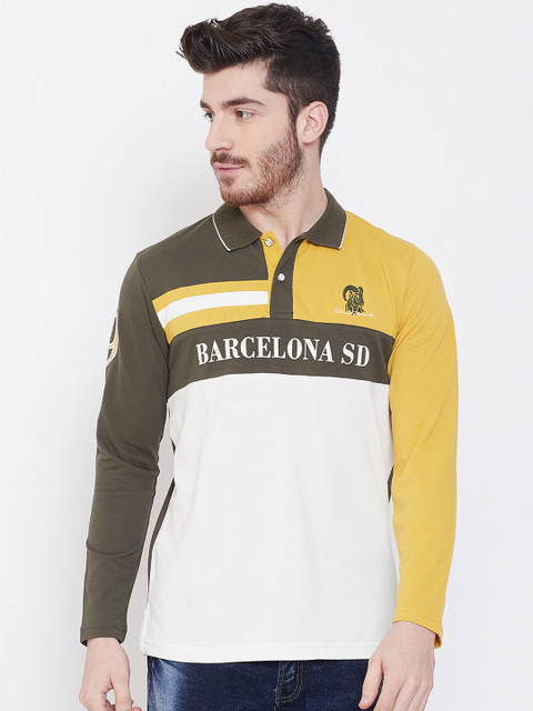 

Duke Men Olive Green & White Colourblocked Polo Collar T-shirt