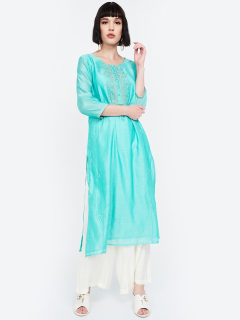

Melange by Lifestyle Women Turquoise Blue Embroidered Straight Kurta