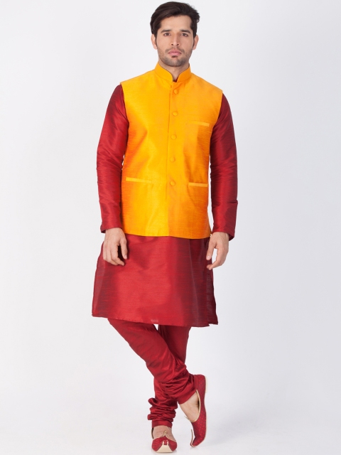 

VASTRAMAY Men Maroon Solid Kurta And Churidar With Jacket