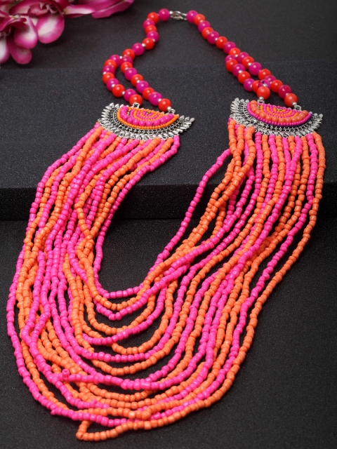 

Moedbuille Silver-Plated Pink & Orange Handcrafted Afghan Layered Tribal Necklace