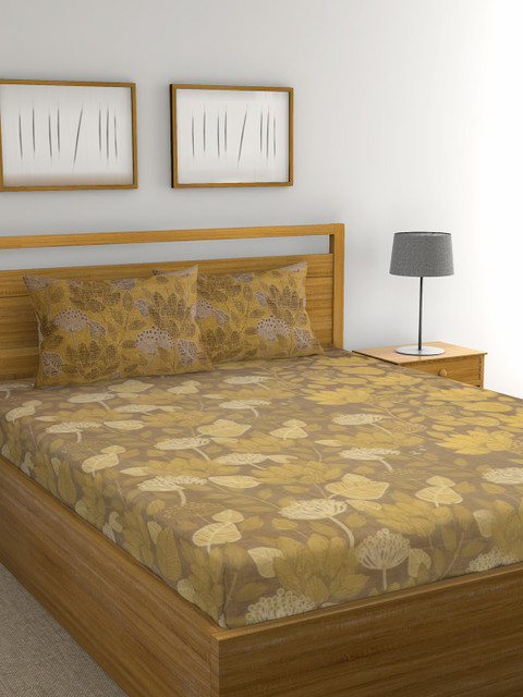 

Raymond Home Beige & Grey Floral 104 TC Cotton Double Queen Bedsheet with 2 Pillow Covers