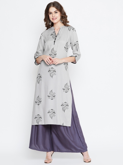 

rangeelo rajasthan Women Grey Floral Printed Straight Kurta