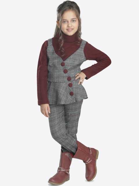 

CUTECUMBER Girls Maroon & Grey Checked Top with Trousers