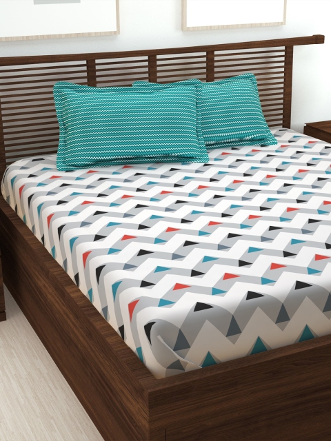 

Story@home White & Blue Geometric 186 TC King Bedsheet with 2 Pillow Covers