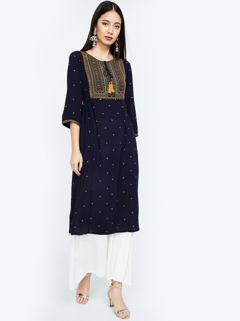 

Melange by Lifestyle Women Navy Blue & Yellow Embroidered A-Line Kurta