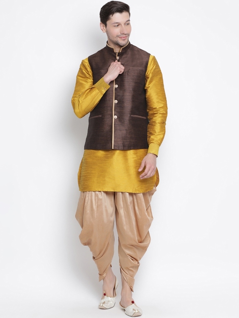 

VASTRAMAY Men Yellow & Rose-Gold Solid Kurta And Dhoti Pants With Jacket