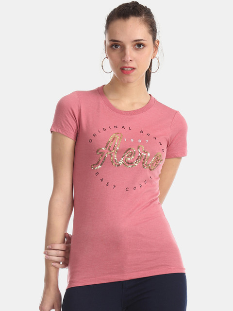 

Aeropostale Women Pink Printed Round Neck T-shirt