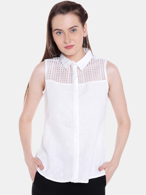 

109F Women White Solid Shirt Style Top