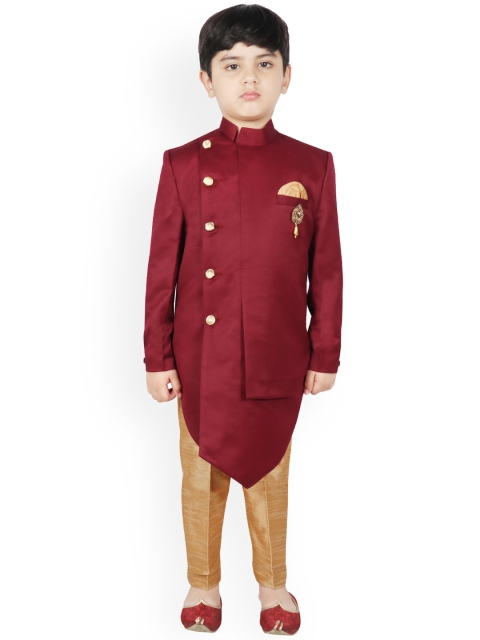 

SG YUVRAJ Boys Maroon & Brown Silk Woven Design Sherwani Set