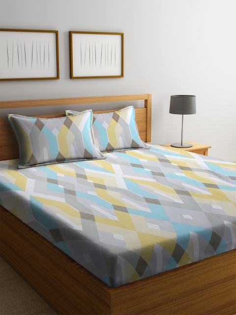 SWHF Grey & Yellow Printed180 TC Polycotton 1 Queen Bedsheet with 2 Pillow Covers