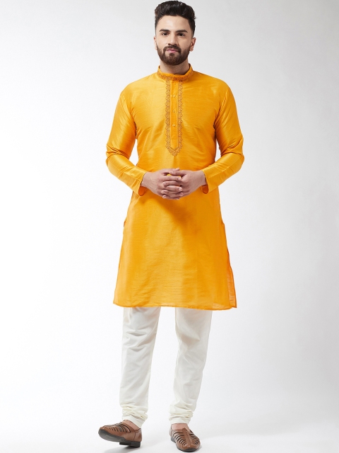 

SOJANYA Men Mustard Yellow & Off-White Embroidered Kurta with Churidar