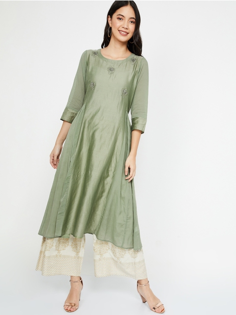 

Melange by Lifestyle Women Olive Green Embroidered A-Line Kurta