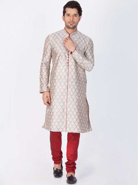 

VASTRAMAY Men Grey & Red Printed Kurta with Churidar