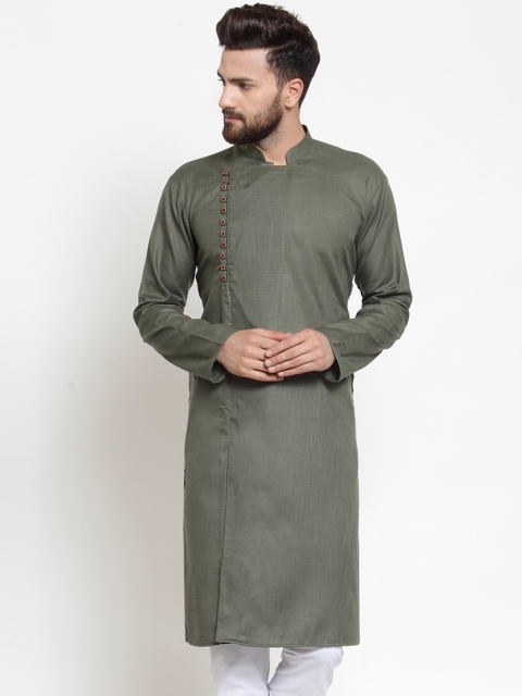 

Jompers Men Olive Green Solid Straight Kurta
