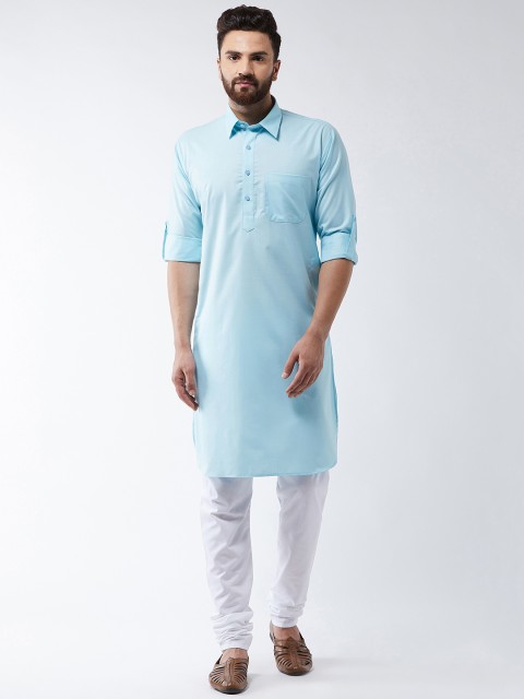 

SOJANYA Men Blue & White Solid Pathani Kurta with Churidar