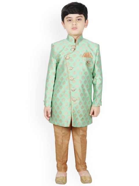 

SG YUVRAJ Boys Green & Brown Silk Woven Design Sherwani Set