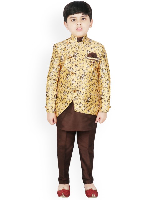

SG YUVRAJ Boys Mustard Yellow & Maroon Printed Raw Silk Kurta with Trousers